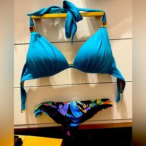 Teal blue bikini tie top (M) and thong bikini bottom (S)